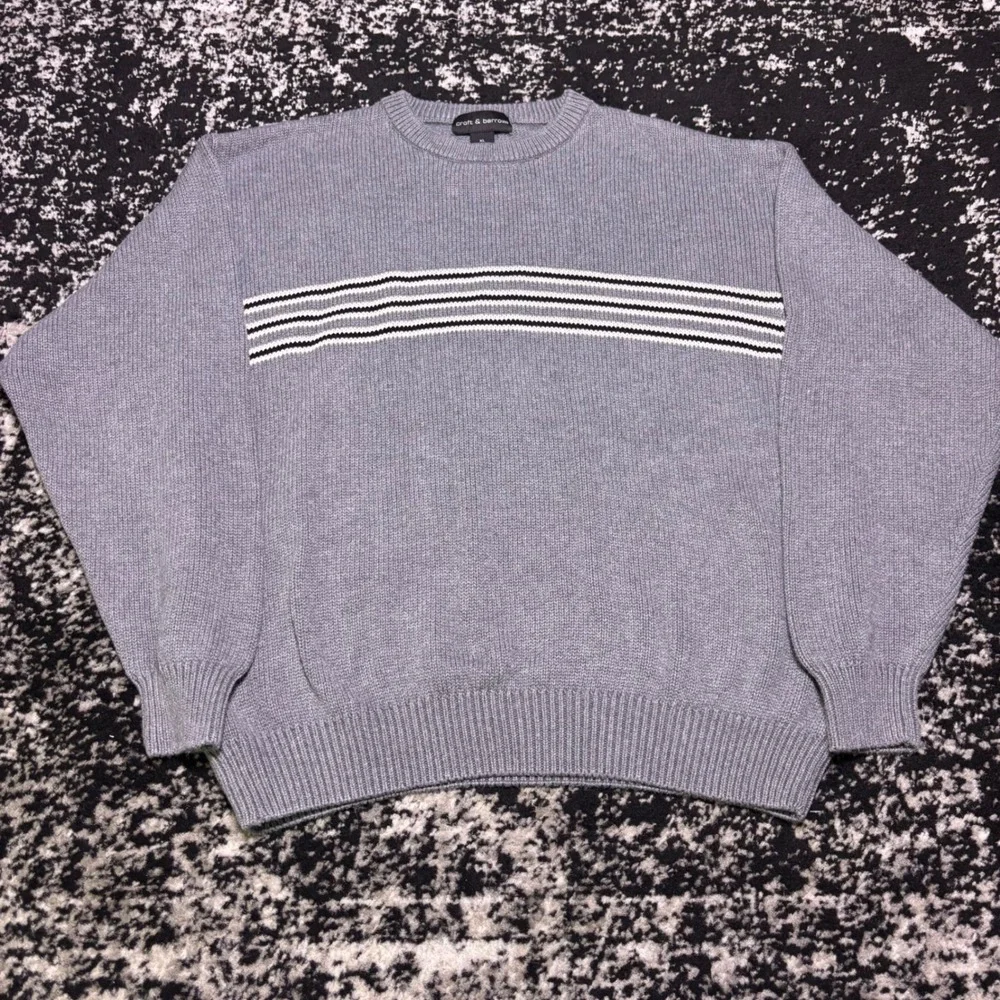 Vintage Croft & Barrow Men XL Gray Striped Crewneck Sweater 100% Cotton Y2K
